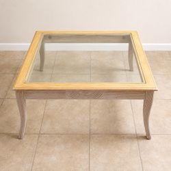 Vintage-Style Glass Top Coffee Table – Carved Wood Frame