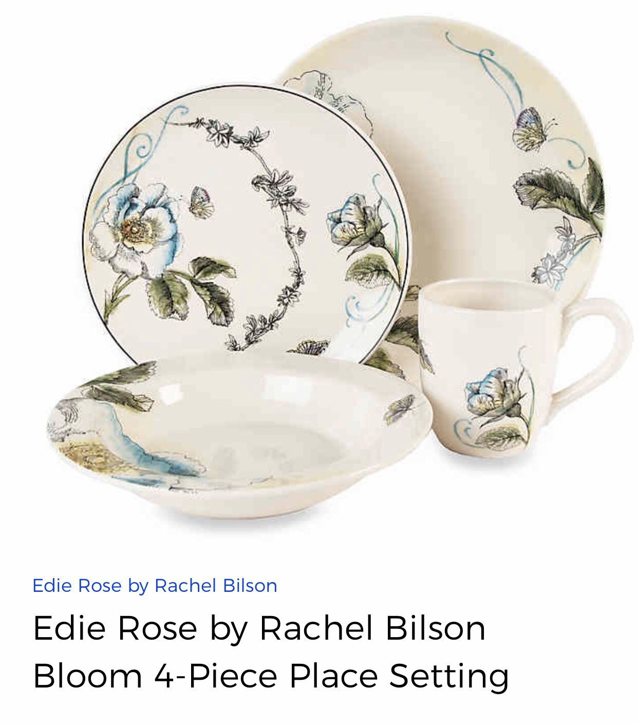 4-pc Place Setting Edie Rose Bloom Collection w/ Matching Spoon Rest (Priced for 2 sets)