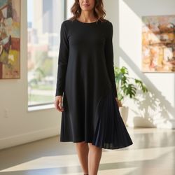 Black Midi Dress With Pleated Side Skirt  