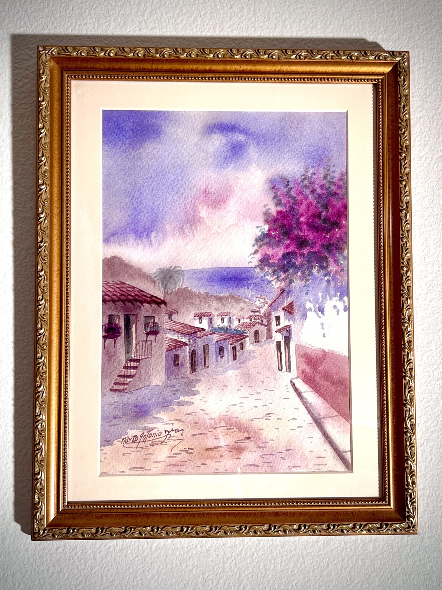 Marco Antonio Diaz Signed Original Watercolor Painting Chile Village Scene 18x14