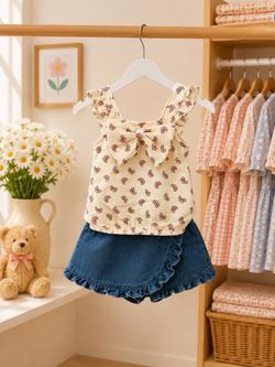 🎀 Girls’ Floral Top & Denim Skirt-Short Set