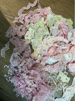Vintage Pink, beige, cream, light green lace trim with floral and scrollwork designs some with rhinestones appliqué lace take all #lace #floral