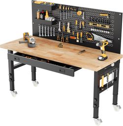 60" Heavy Duty Workbench with Storage, Adjustable Height Garage Workbench 29.9"–39.6", 1.2" Solid Wood Top Work Table, Reinforced Steel Frame, Worksho
