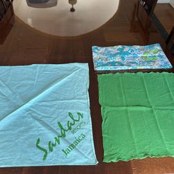 Collection of three scarves, green, sheer, geometric, circular, and sandals resort Jamaica