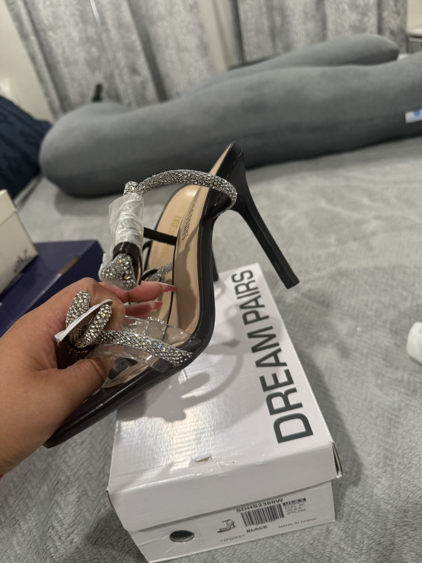 Women's Double Bowknots Crystal Sandals Clear Slingback Heels Square Toe Shoes for Party Wedding