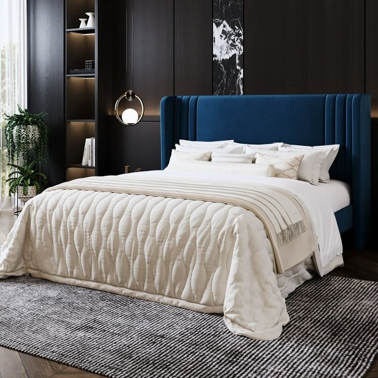 Queen Size Bed Frame, Velvet Platform Bed with Upholstered Wingback Headboard, No Box Spring Needed, Blue