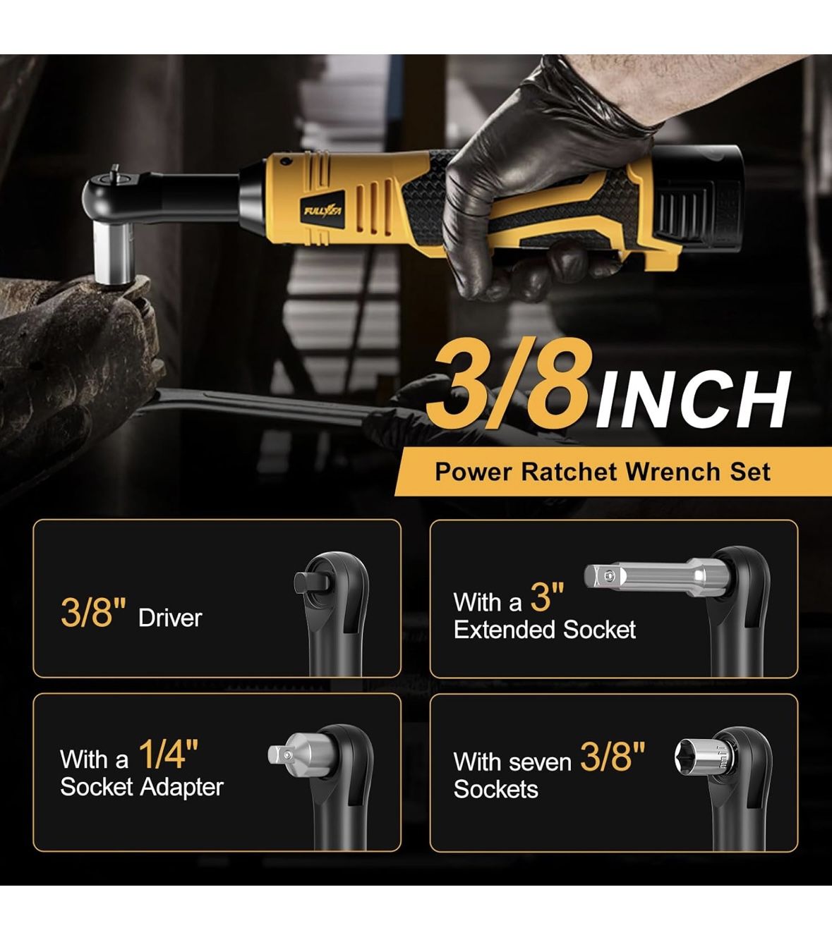 3/8" Cordless Electric Ratchet Wrench Set, 550RPM, 40Ft-lbs, 16.8V Extended Power Ratchet Tool Kit with Variable Speed, 1/4" Adapter, 3" Extension Bar