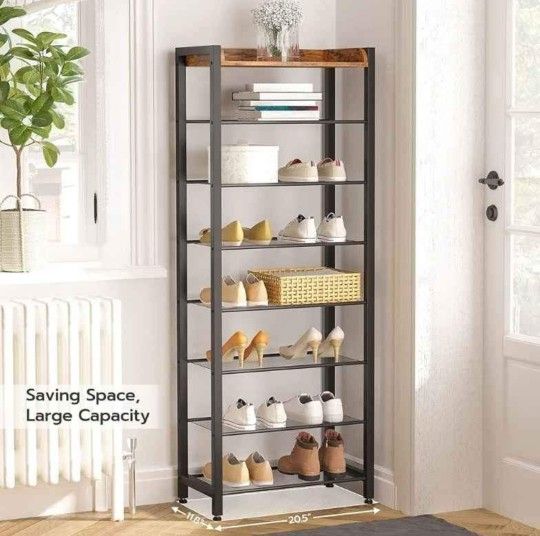 0381: 8 Tier Shoe Rack, Narrow Shoe Storage Organizer with 7 Metal Shelves, Saving Space, Stable and Sturdy, Hold 14-21 Pairs of Shoes, for Entryway,