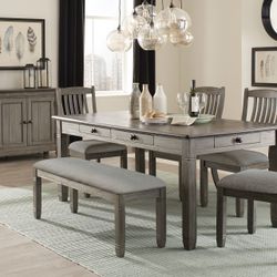 FARMHOUSE CHARM 6-PIECE DINING TABLE SET CHAIRS BENCH