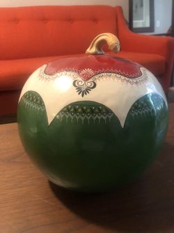Hand Painted & Carved Gourd Jar Lid Signed Mexico Folk Art Trinket Box