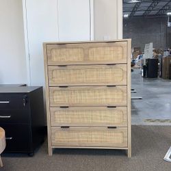 5 Drawer Chest Dresser, Rattan Tall Dresser 5 Chest of Drawers for Bedroom