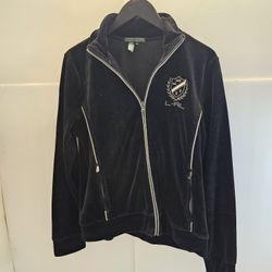Lauren Ralph Lauren Women’s Embroidered Crest Velour Hoodie Track Jacket – Black – Size Large