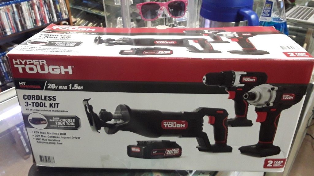 Hyper Tough 20V 3/8 inch Cordless Drill, 1/4 inch Impact Driver & Reciprocating Saw Combo Kit (3-Tool Set) with (2) 1.5Ah