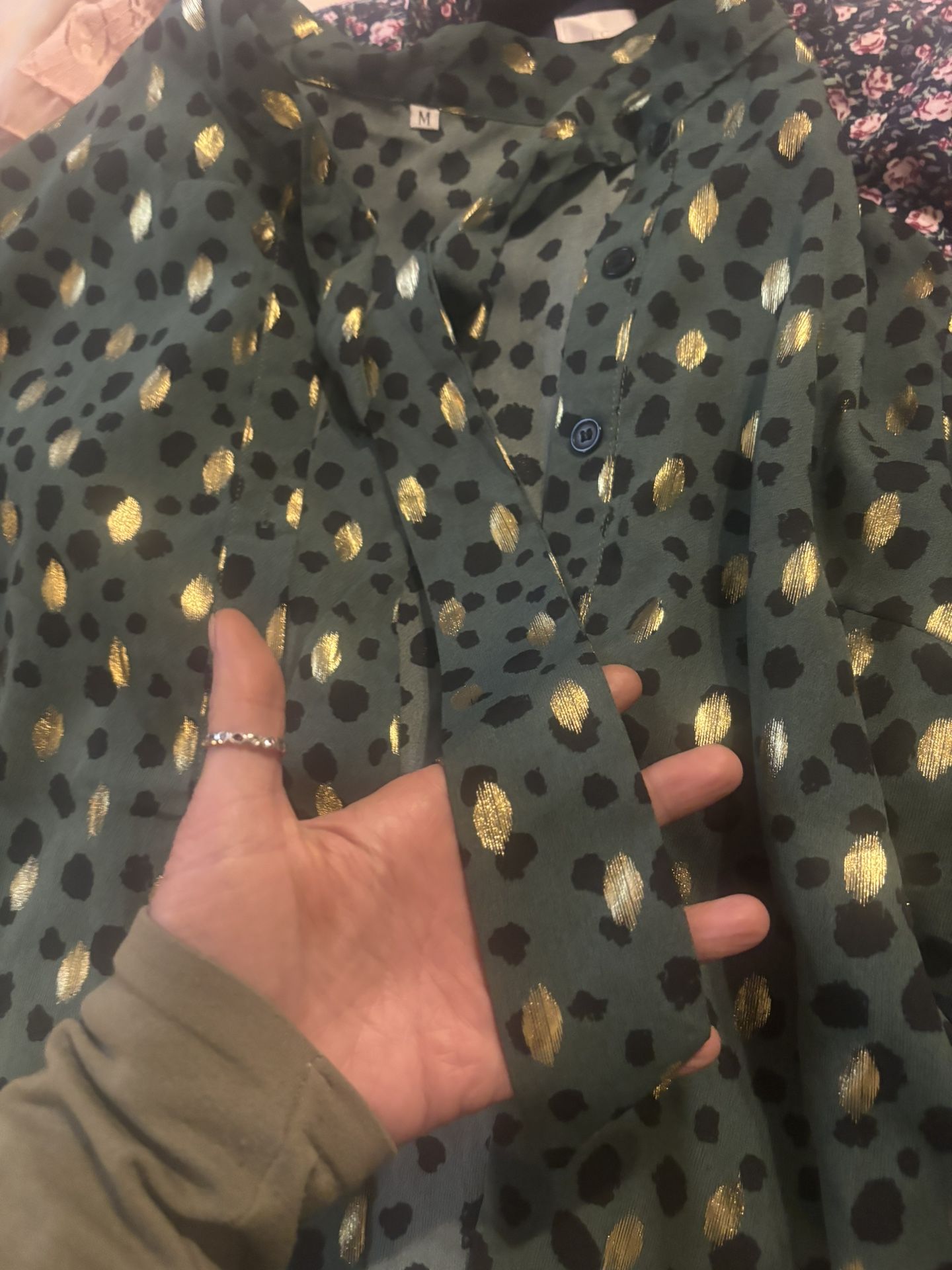 Leopard Print Green And Gold Blouse, Button Down With Bow Tie Attached