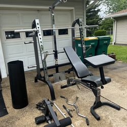 Weider Squat/Bench Rack With Bench And Olympic Barbell
