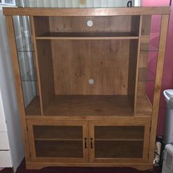 πΊ Solid Wood TV Entertainment Center w/ Glass Display Shelves β Excellent Condition
