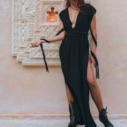 Greek Goddess Hand Dyed In Indonesia Macrame Black Boho Dress Size L