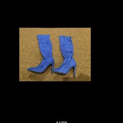EUC Women's 9 Royal Blue High Heel Boots Faux Suede Elasticity Leg pull up Calf 