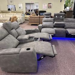 Furniture- Zero Gravity Fabric Power Recliner Sofa- Greymel 