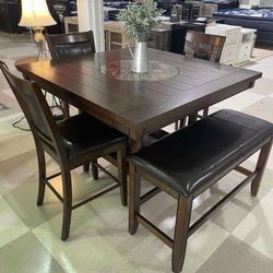 Fulton Dark Brown Counter Height Dining Room Set ( Table, Barstools, Chair, Bench) /P