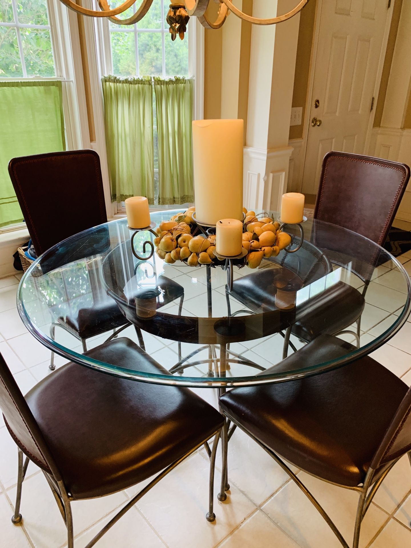 SOPHISTICATED KITCHEN DINING TABLE! AGED LEATHER AND IRON TABLE WITH BEVELED GLASS & 4 MATCHING HIGH BACK CHAIRS FROM BASSETT WAS $4000.