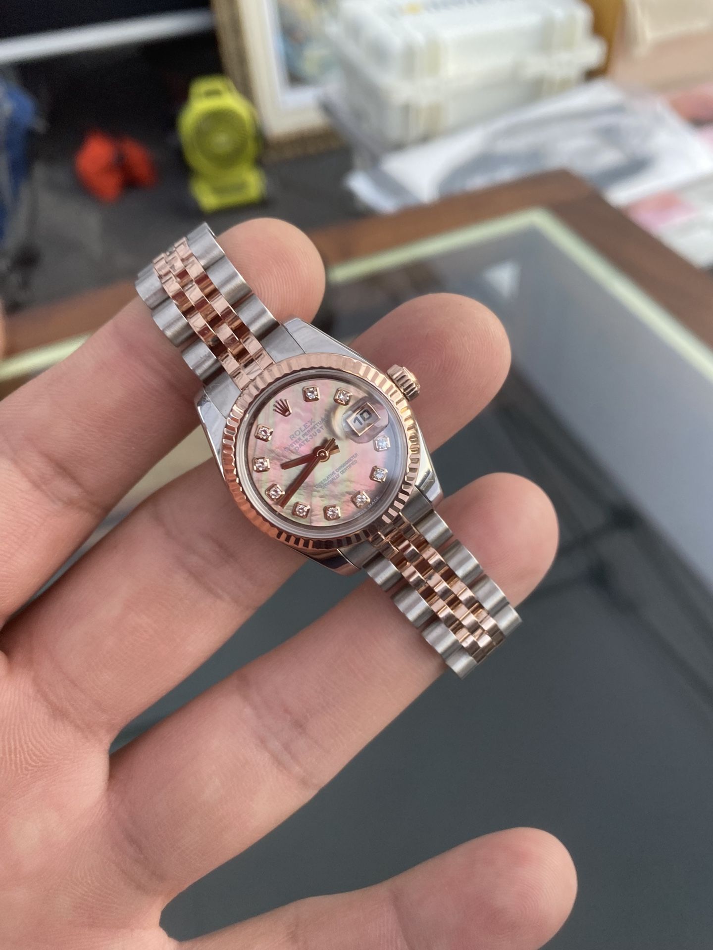 Rolex Ladies Rose Gold 179171 Factory Black Pearl Box Papers Buy Sale Trade Gold Silver 14k 24k Diamonds Watches Jewelry