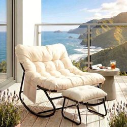 Pirecart Patio Papasan Chair with Ottoman, Comfy Rocking Chair with Cushion & Sturdy Metal Frame, Ergonomic Comfy Papasan Chair, Beige