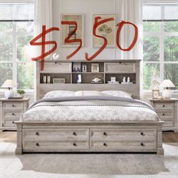 King size bed frame with 54-inch high storage headboard