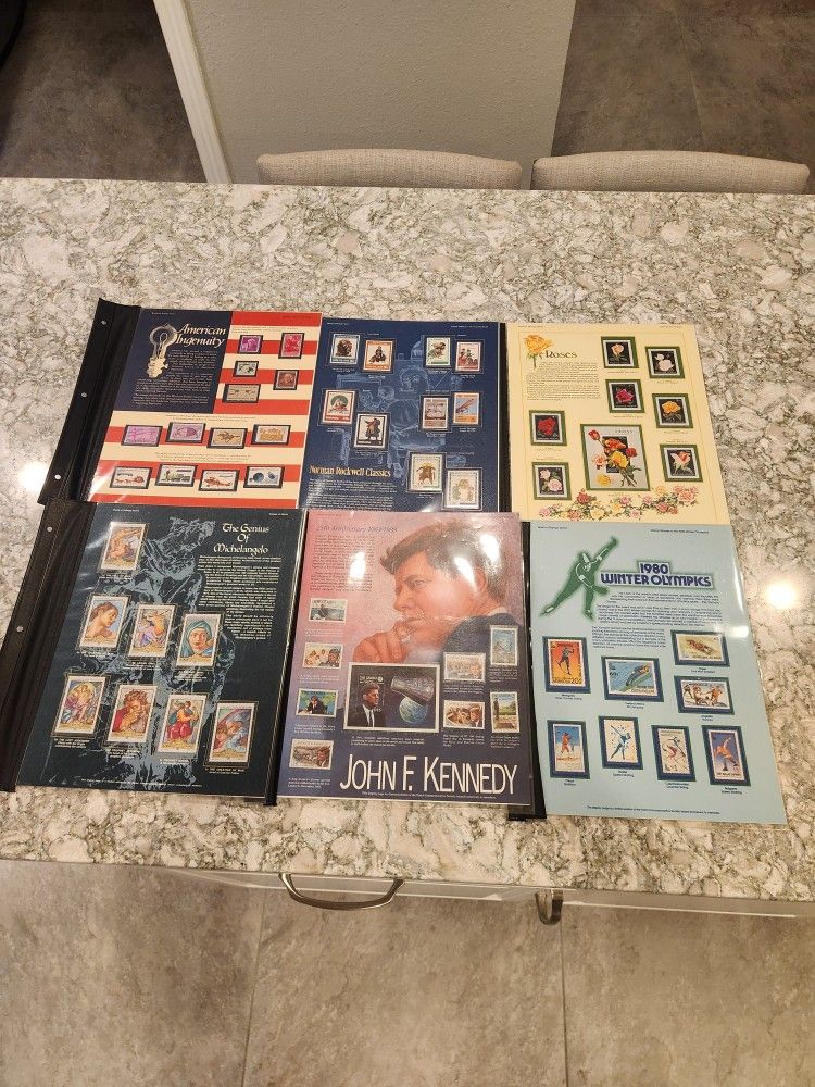 117 Piece Stamp Collection, 12 Pages Of World Of Stamps, Kennedy, Olympics. Norman Rockwell, Roses And More