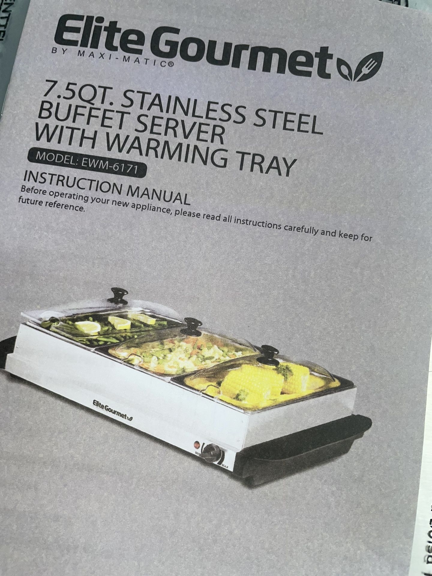 Elite Gourmet 7.5QT. STAINLESS STEEL BUFFET SERVER WITH WARMING TRAY