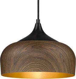 Modern Bauhaus Pendant Light Walnut Wooden Pattern Dome with Matte Black Metal & Gold Inner