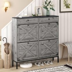 Gray Freestanding Shoe Cabinet with 4 Flip Drawers, Slim Entryway Shoe Storage Organizer with Shelves for Sneakers, High Heels and Slippers | 16 Pairs