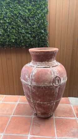 Large Antique Terracotta Urn with Metal Banding