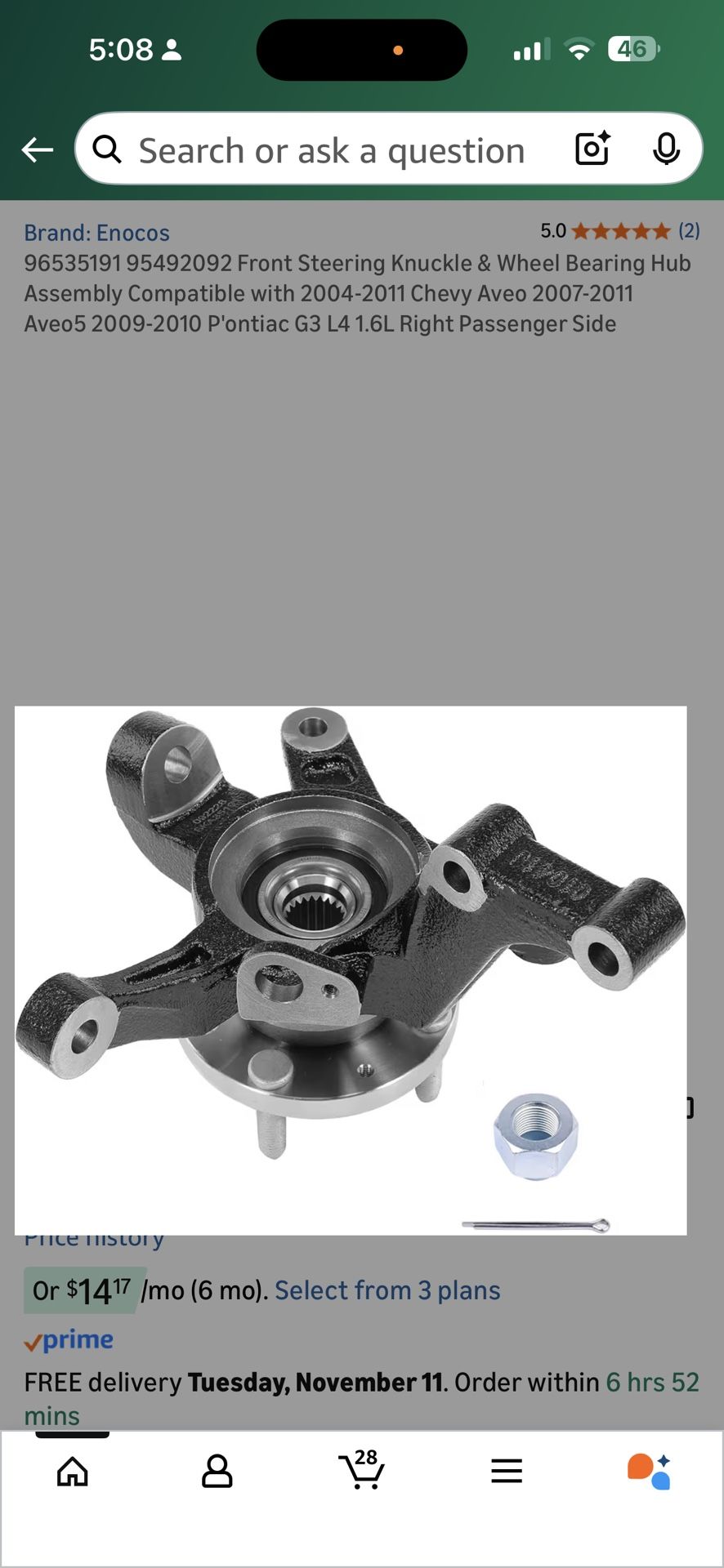 Front Steering Knuckle & Wheel Bearing Hub Assembly Compatible with 2004-2011 Chevy Aveo 2007-2011 Aveo5 2009-2010 P'ontiac G3 L4 1.6L Right Passenger