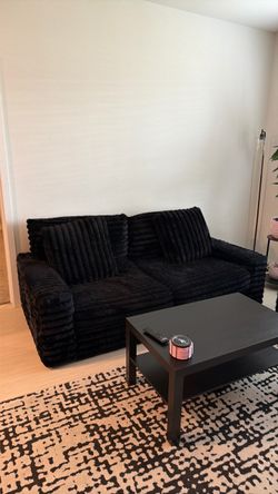 Fluffy black couch set