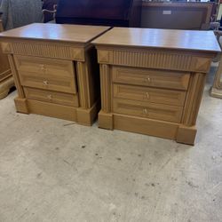 Pair of Alexander Julian Home three-drawer nightstands w/ natural wood finish. - 32” x 22” x 29 - Retail: $999