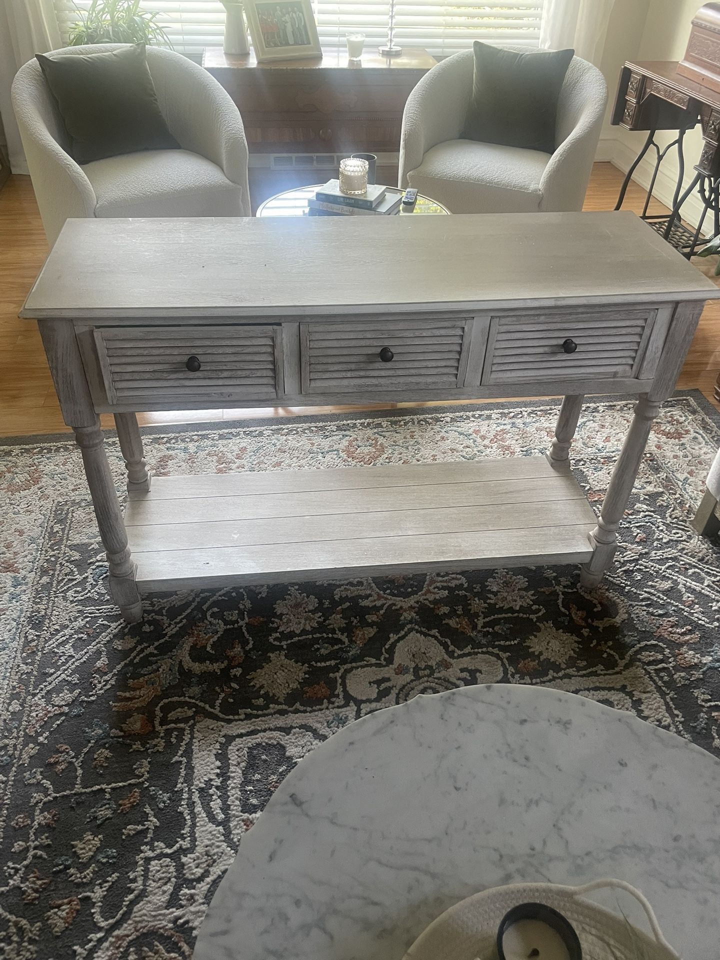 Wooden Console Greige,Table With 3 Drawers, from Hobby Lobby, 47 w, 16 deep, 32 in high, $50