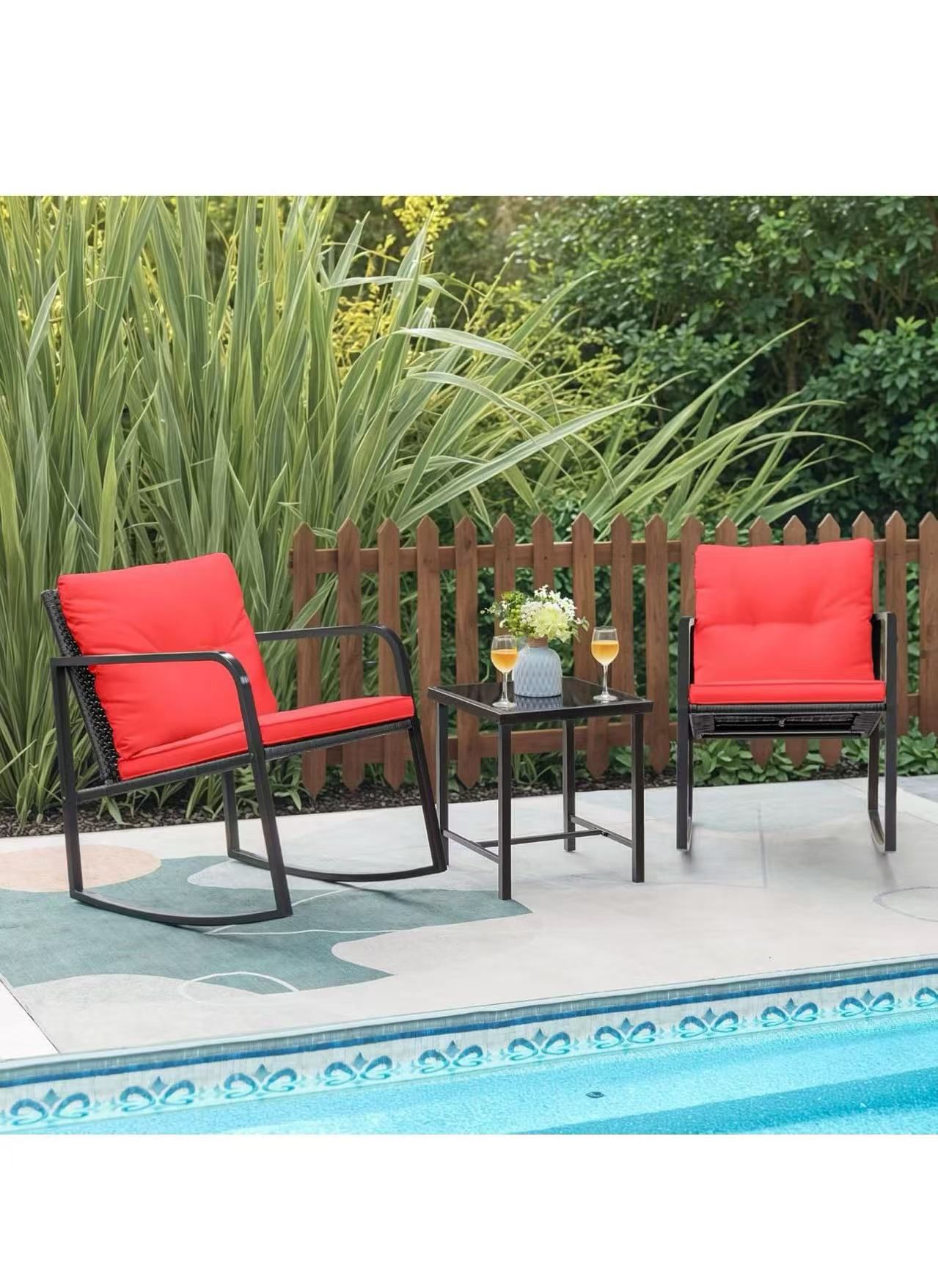 Greesum 3 Pieces Rocking Rattan Wicker Bistro, Patio Furniture Set with Soft Cushion and Glass Coffee Table, Design for Poolside Yard Garden, Red $ 10