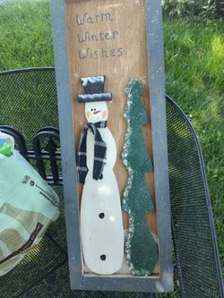 Snowman n tree wooden  picture