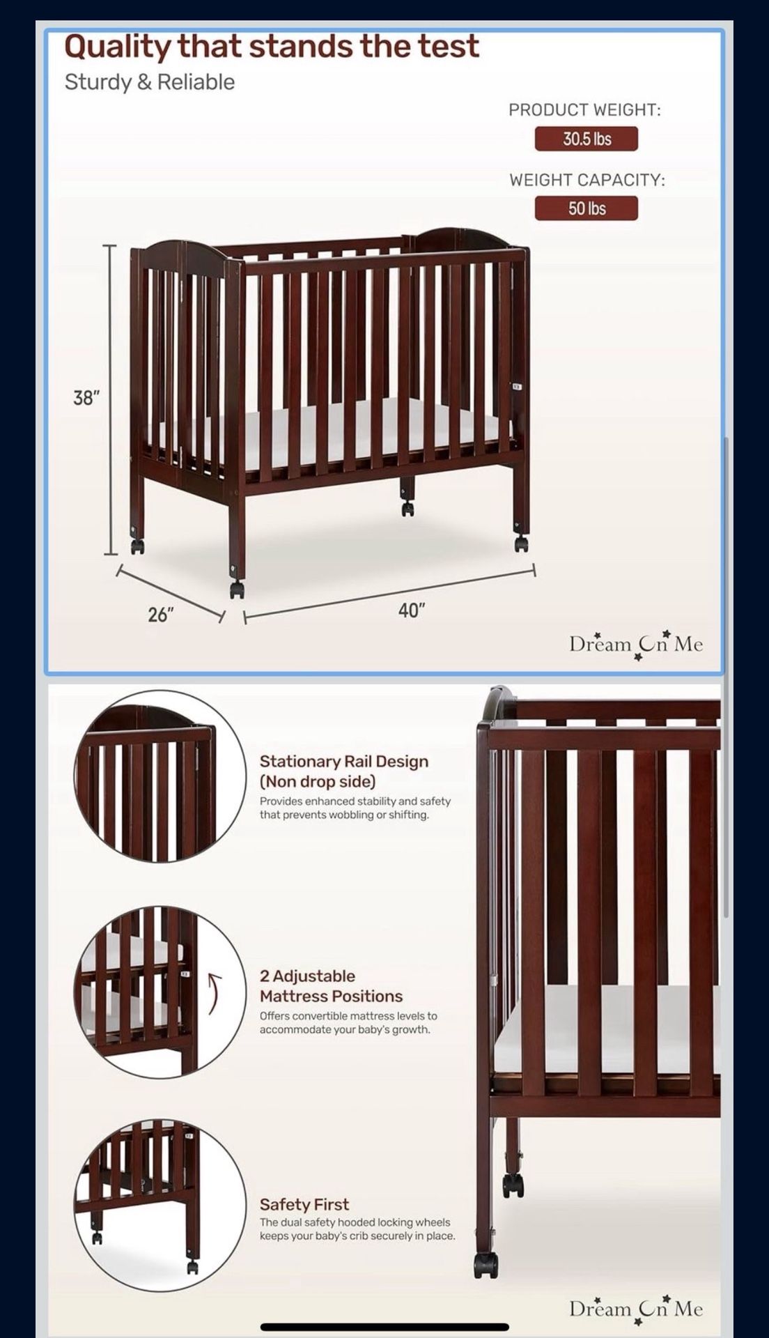 Mini Baby Crib in Espresso W/ Mattress
