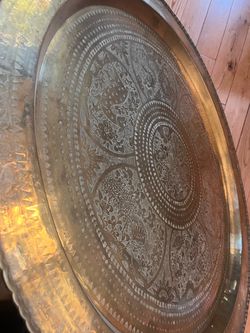 Antique Asian Large Vintage Brass Engraved Decorative Tray