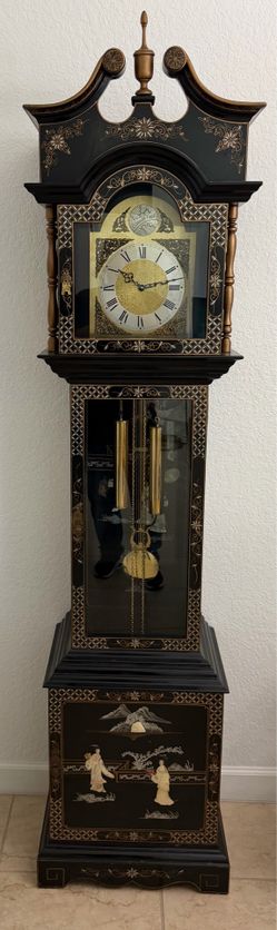 Tempus Fugit Chinoiserie grandfather clock, featuring a black lacquer finish