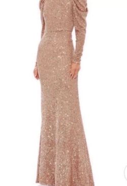 New MAC DUGGAL IEENA SEQUINED HIGH NECK PUFF LONG SLEEVE COLUMN GOWN SIZE 12