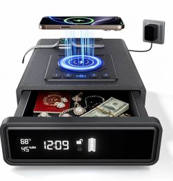 Biometric G Safe with Wireless Charging, 12-Hour Clock Display & Adjustable Brightness, Bedside Pistol Safe with Fingerprint, Backup Key, LED Light &