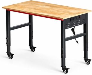 48" Workbench with Wheels, Adjustable Height Workbench with Power Strip & Pegboard, 2000LBS Solid Wood Top Work Table with Reinforced Steel Frame for