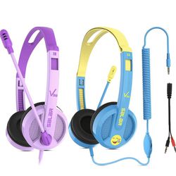 QearFun 2 Pack Kids Headphones with Microphone for School, Wired Headphones for Kids with Rotatable &
