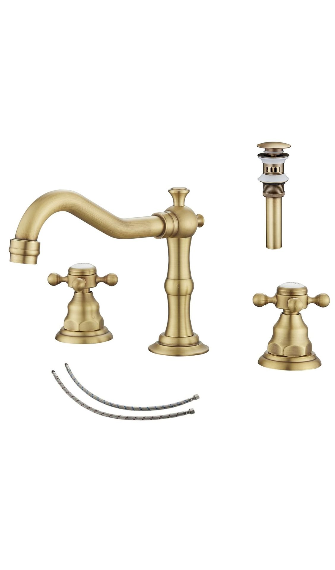 GGStudy 2 Handles 3 Holes Faucet Widespread Bathroom Sink Faucet Antique Brass Basin Tap Mixer Supply Hose Included Matching Metal Pop Up Drain