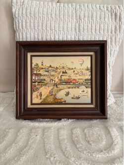 Framed Folk Art Town Fair Print Landscape Americana Cityscape Small