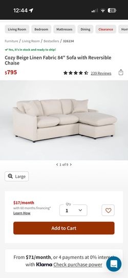 Cozy Beige Linen Fabric 84" Sofa with Reversible Chaise