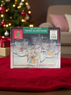 VTG Share the Joy Glass Mugs Christmas Bears Stars Ornaments Set of 4 NIB